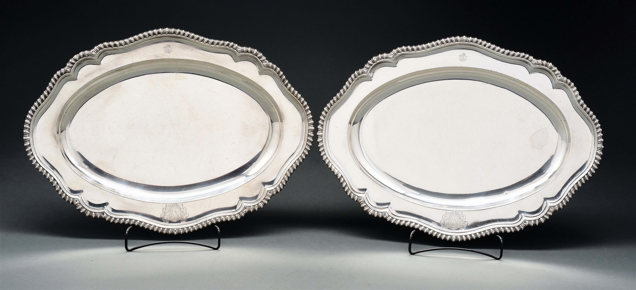 A PAIR OF ENGLISH SILVER MEAT DISHES. 