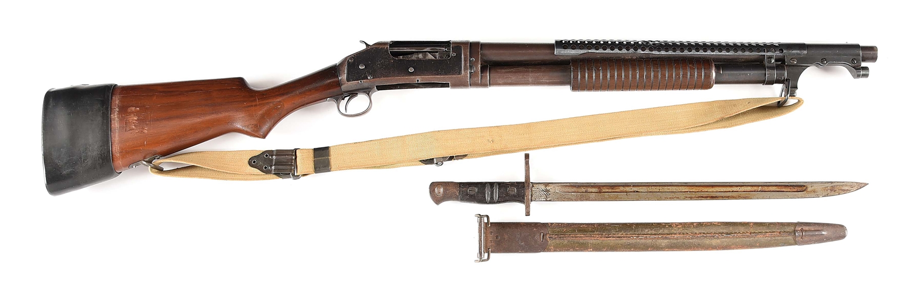 (C) UNITED STATES PROPERTY MARKED WINCHESTER MODEL 97 TRENCH PUMP-ACTION SHOTGUN WITH BAYONET.