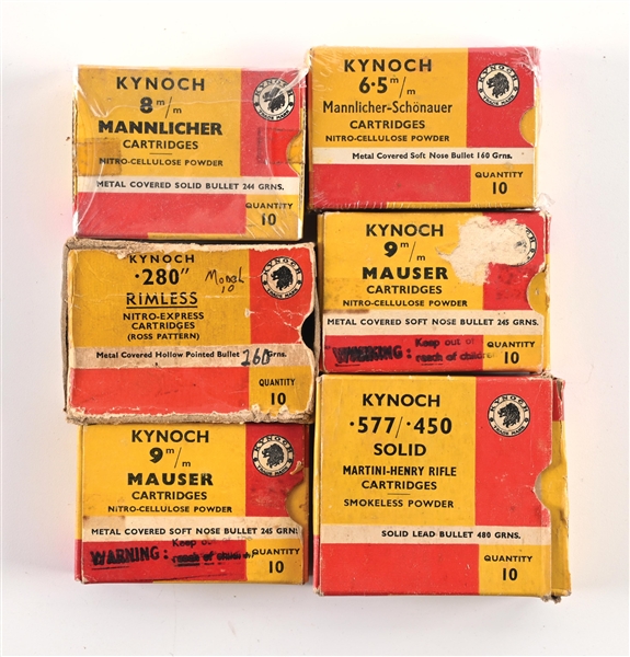 LOT OF 6: BOXES OF VINATGE KYNOCH AMMUNITION.