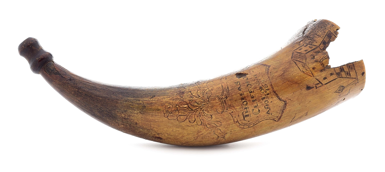 POINTED TREE CARVER ATTRIBUTED 1764 DATED ENGRAVED POWDER HORN.
