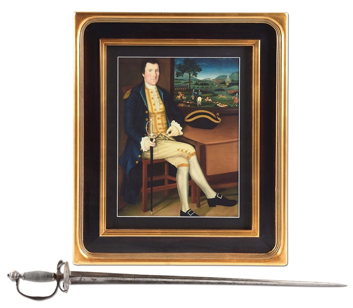 CAPTAIN SAMUEL CHANDLERS REVOLUTIONARY WAR AMERICAN SILVER HILTED SMALL SWORD MARKED “HURD” WITH PROVENANCE TOGETHER WITH A GOLD-GILT, FRAMED COPY OF HIS PORTRAIT WHILE HOLDING THIS VERY SWORD, THE 