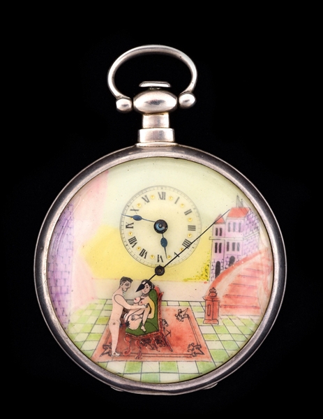 SILVER CHINESE EROTIC O/F POCKET WATCH W/ENGRAVED MOVEMENT & KEY.