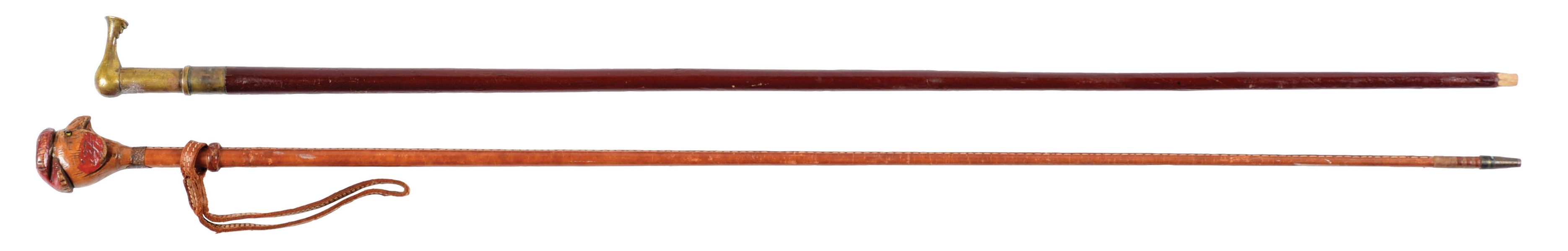 LOT OF 2: RIDING CROP CANE AND ROOSTER CANE.