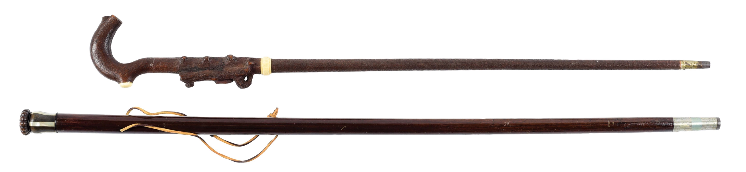 LOT OF 2: EXOTIC HARDWOOD MOTHER OF PEARL CANE & HAND CARVED STUDENTS CANE.