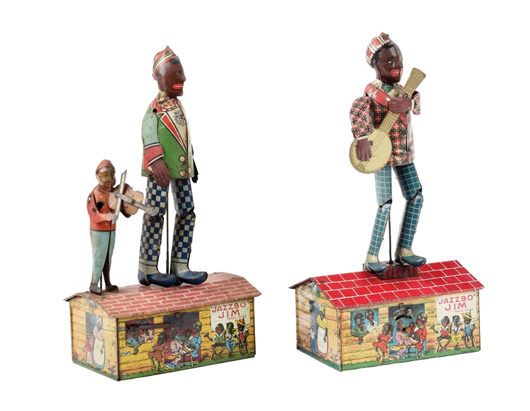LOT OF 2: UNIQUE ART TIN LITHO WIND-UP ROOF DANCING TOYS.