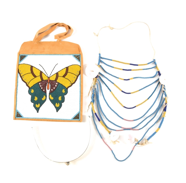LOT OF 2: BEADED BUTTERFLY PLATEAU BAG AND CROW LOOP NECKLACE.