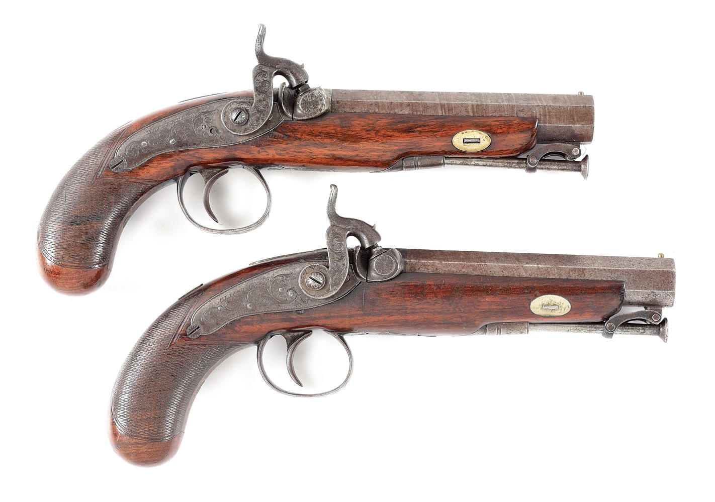 (A) CASED PAIR OF PERCUSSION PISTOLS BY THOMAS BLISSETT, LIVERPOOL, WITH SOME UNUSUAL TOOLS.