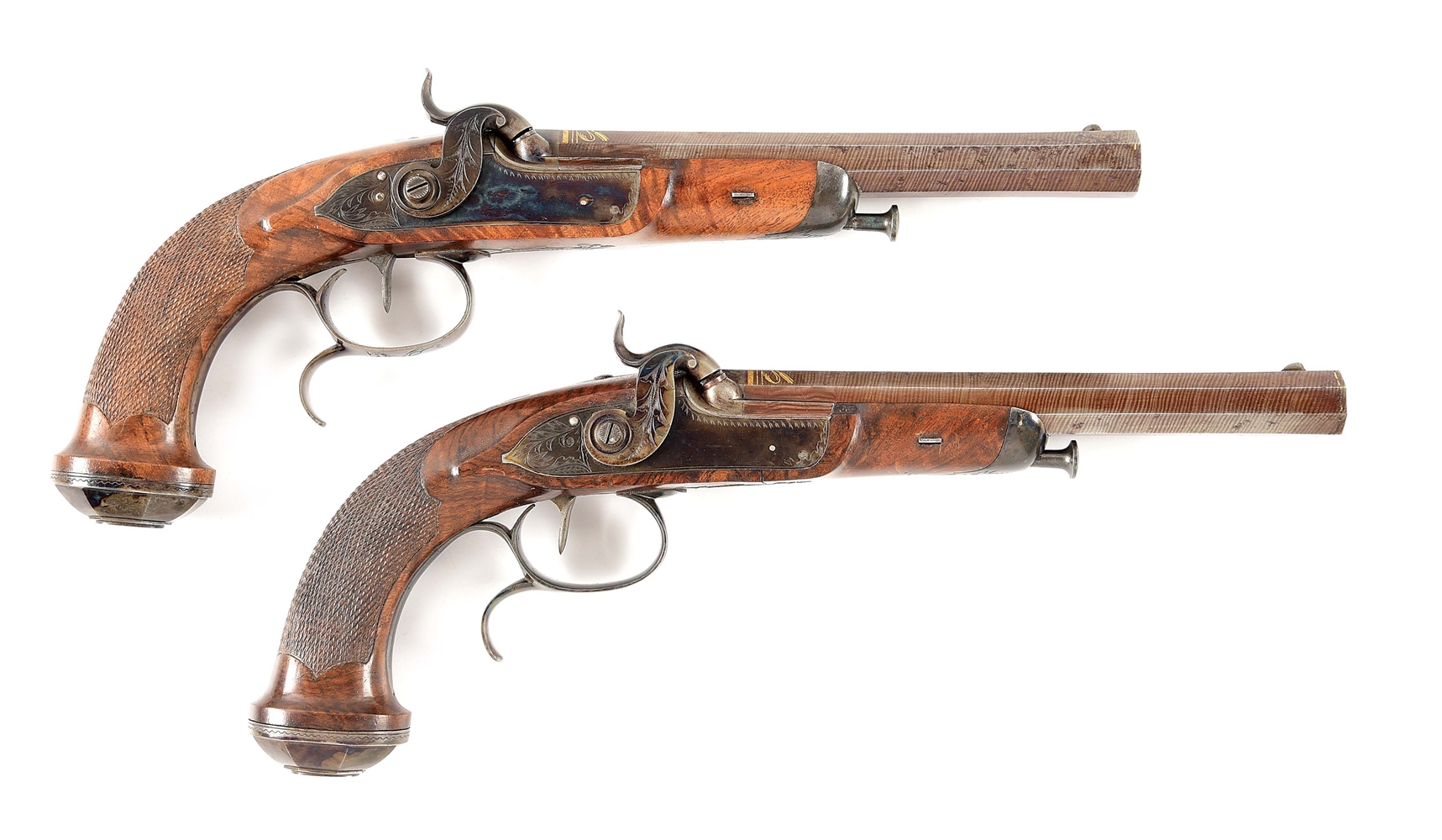 (A) CASED PAIR OF PERCUSSION TARGET PISTOLS WITH CANON A RUBANS BARRELS, PROBABLY FRENCH.