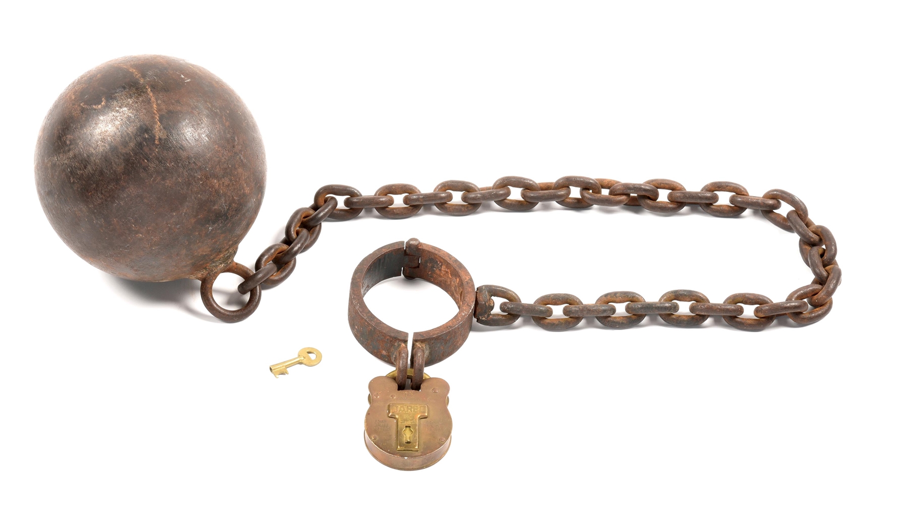 ANTIQUE BALL AND CHAIN WITH BRASS PADLOCK. 