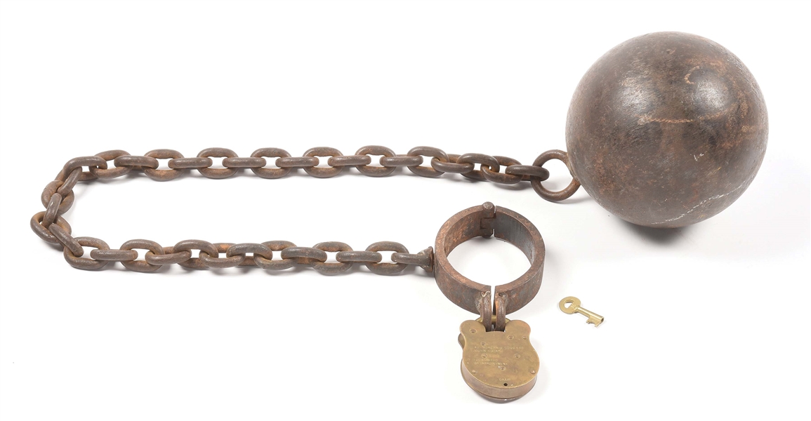 Lot Detail - ANTIQUE BALL AND CHAIN WITH BRASS PADLOCK.