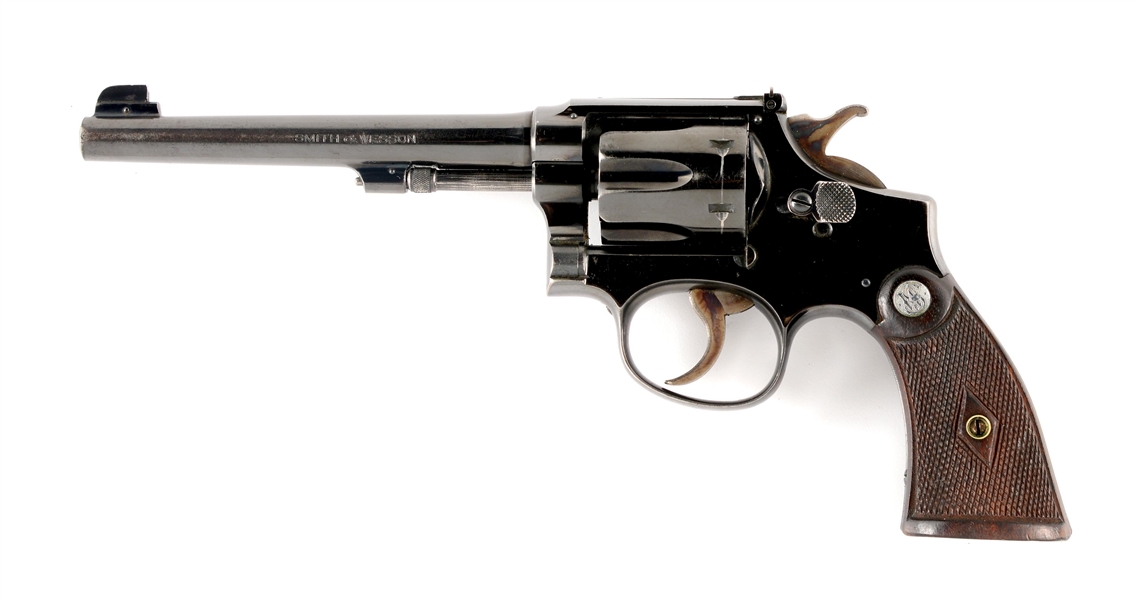 (C) SMITH AND WESSON K-22 OUTDOORSMAN DOUBLE ACTION REVOLVER WITH CUSTOM WOODEN CASE.