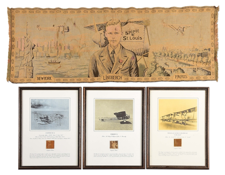 LOT OF 4: US WWI AIRCRAFT FABRIC AND CHARLES LINDBERGH TAPESTRY.