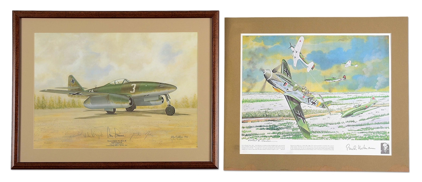 LOT OF 2: GERMAN WWII PRINTS SIGNED BY ERICH HARTMANN AND ADOLF GALLAND.