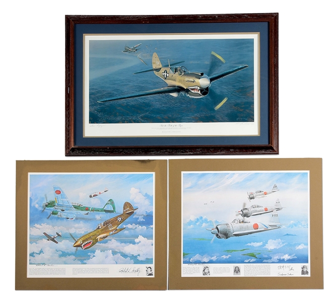 LOT OF 3: WWII AVIATION PRINTS SIGNED BY PILOTS.