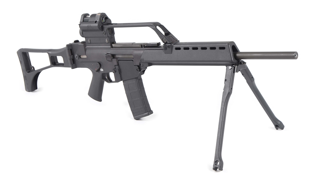 (M) HK SL8-1 SEMI-AUTOMATIC RIFLE WITH HENSOLDT DUAL OPTIC CONVERTED TO G36 PATTERN, WITH AMMO CRATE AND G36 PATTERN MAGAZINES.