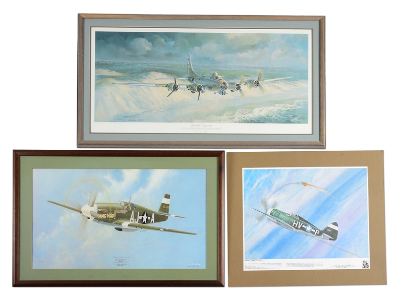 LOT OF 3: US WWII FRAMED AVIATION PRINTS SIGNED BY PILOTS.