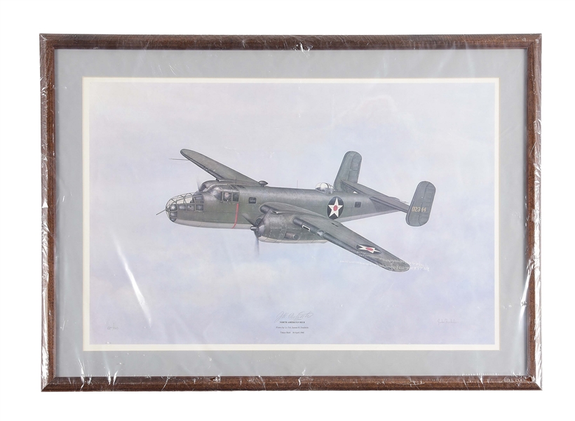 US WWII FRAMED B-25 MITCHELL PRINT BY JOHN FICKLEN, SIGNED BY BRIGADIER GENERAL JAMES H. DOOLITTLE.