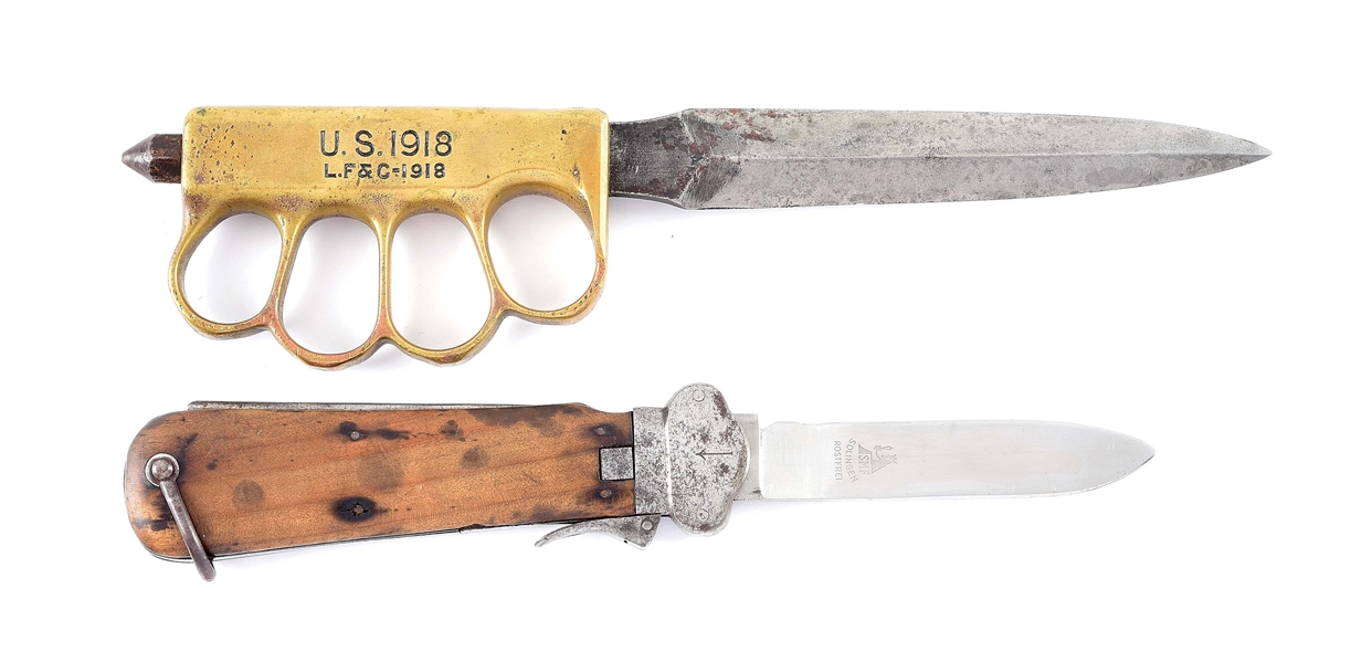 LOT OF 2: WORLD WAR I M1918 TRENCH KNIFE AND WORLD WAR II GERMAN TYPE II GRAVITY KNIFE.