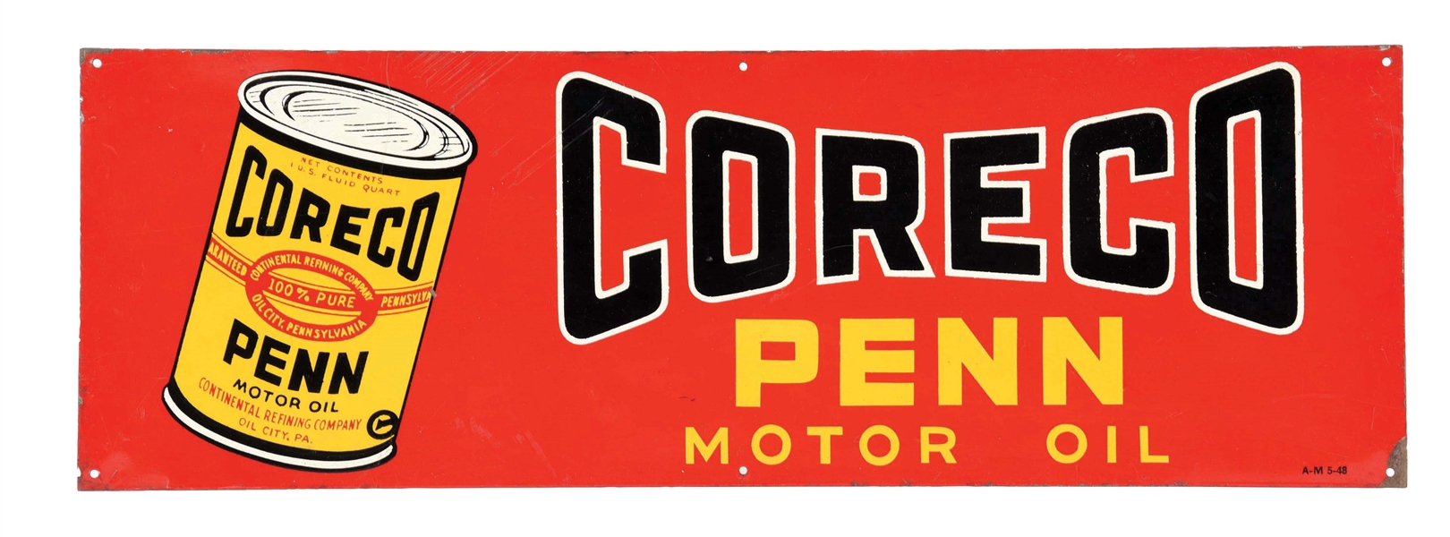 CORECO PENN MOTOR OIL TIN RACK SIGN W/ QUART CAN GRAPHIC. 