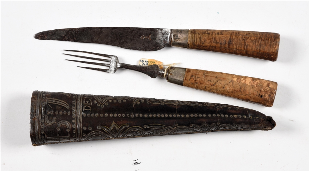 REVOLUTIONARY WAR PERIOD FIELD KNIFE & FORK SET WITH HANDTOOLED LEATHER SHEATH, DATED 1778.