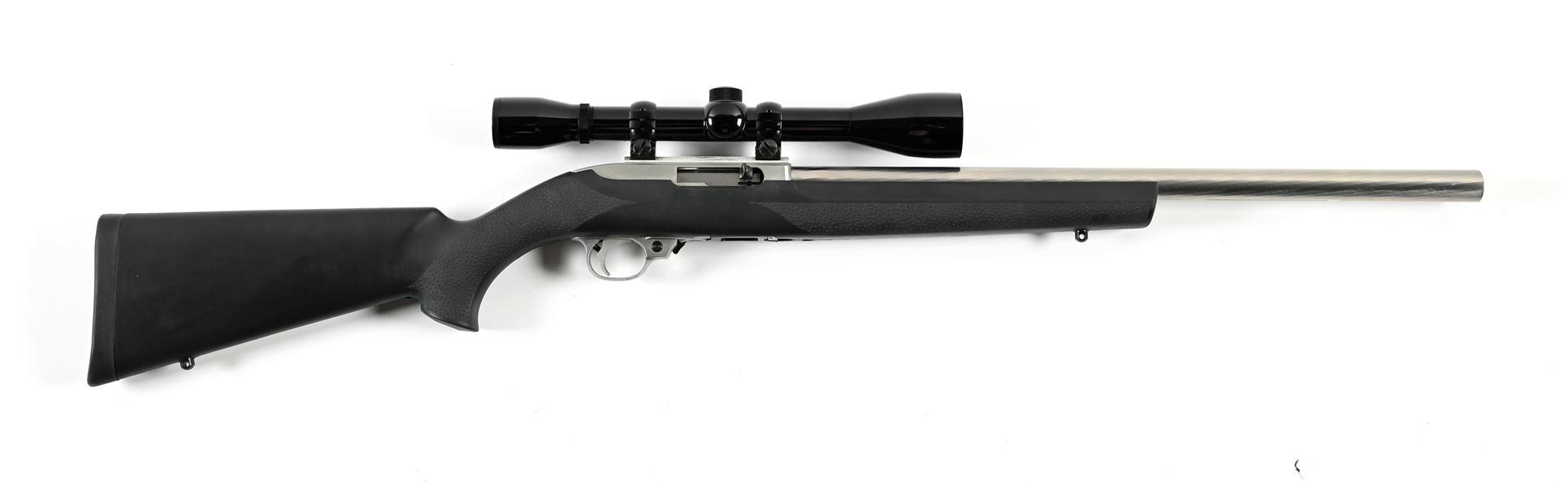 (M) STAINLESS HEAVY BARRELED RUGER 10/22 SEMI AUTOMATIC RIFLE WITH SCOPE.