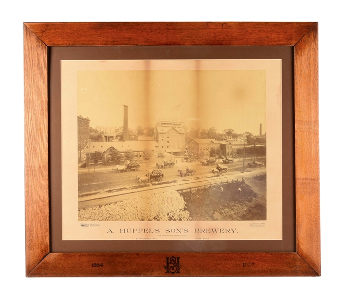 AMAZING FRAMED PAPER LITHOGRAPH A. HUPFELS SONS BREWERY SIGN.