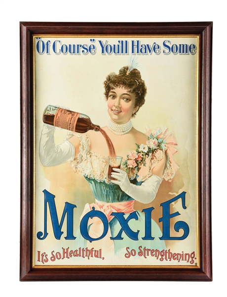 EMBOSSED PAINTED TIN MOXIE "ITS SO HEALTHFUL, SO STRENGTHENING" SIGN.