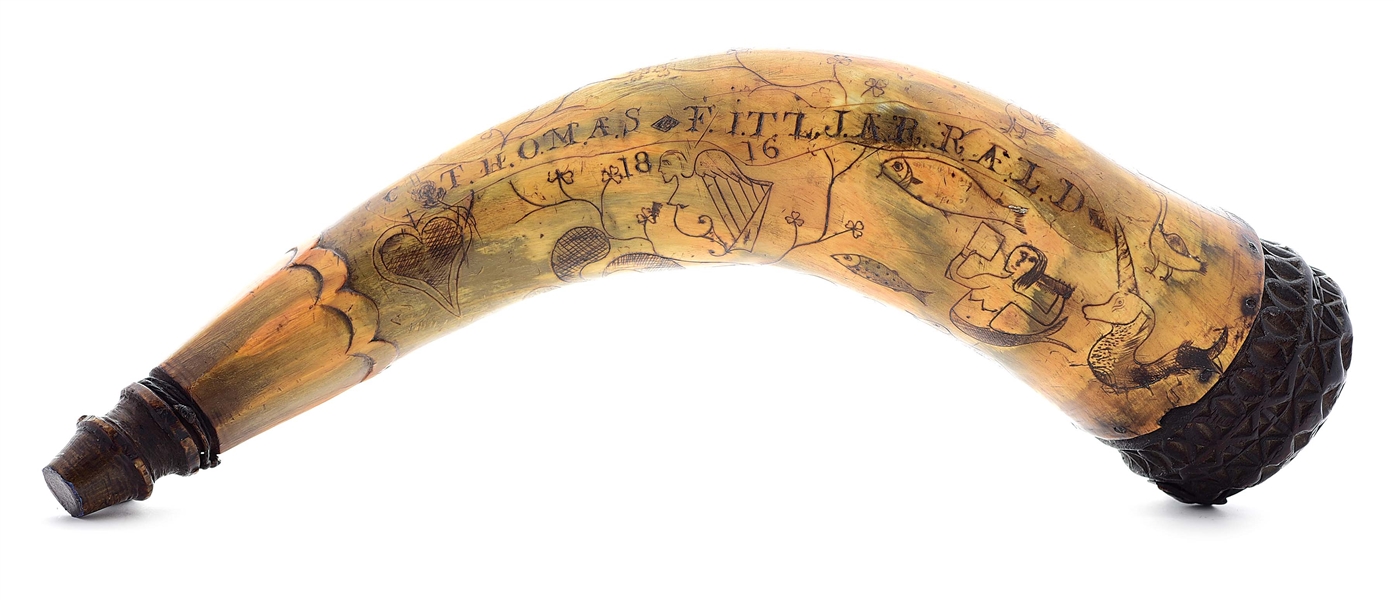 LARGE ENGRAVED NAUTICAL POWDER HORN OF THOMAS FITZJERALD, DATED 1816.