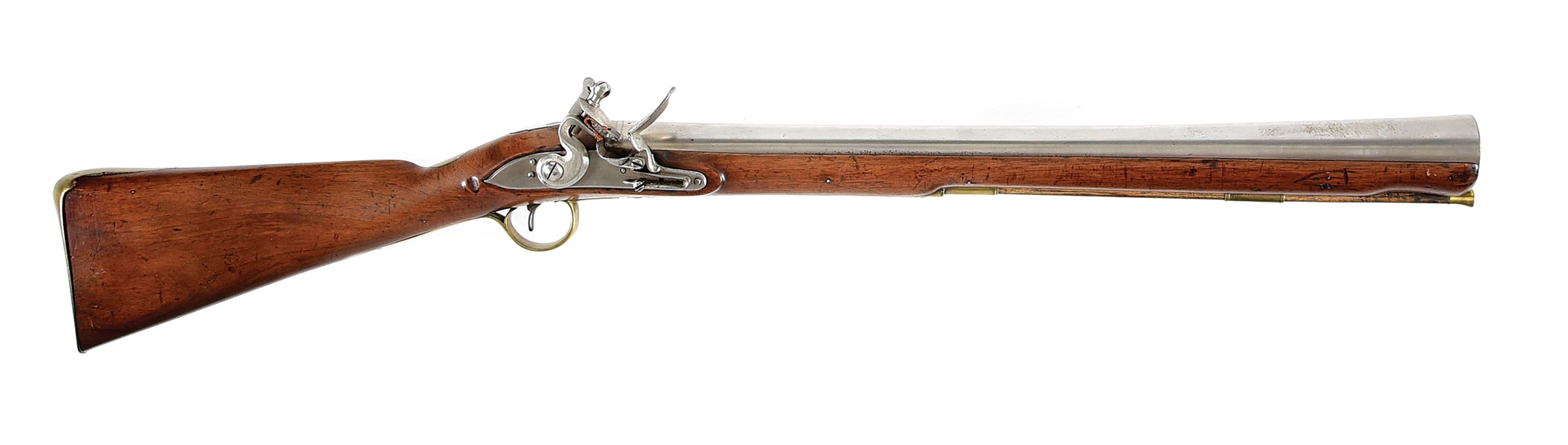 (A) LARGE BRITISH FLINTLOCK BLUNDERBUSS WITH SIDE-MOUNTED BAYONET, ATTRIBUTED TO WATERS.