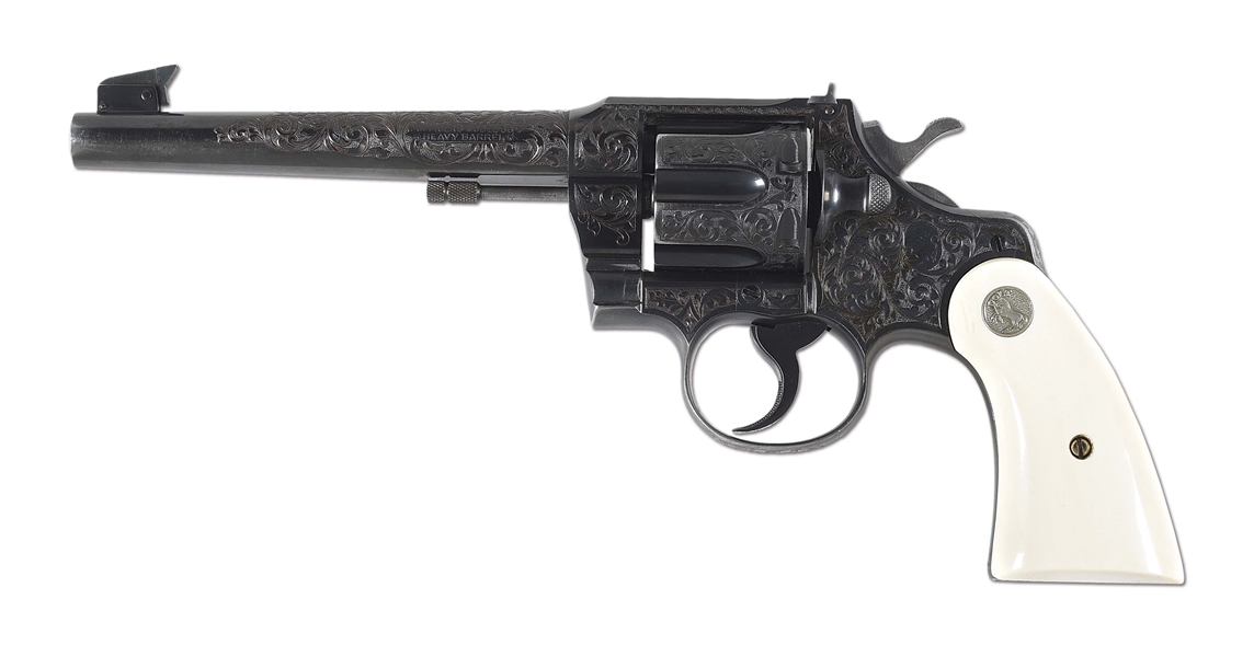 (C) FINELY ENGRAVED COLT OFFICERS MODEL 38 HEAVY BARREL DOUBLE ACTION REVOLVER (1938).