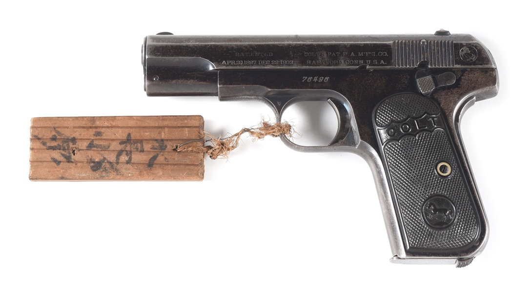 (C) COLT 1903 SEMI-AUTOMATIC PISTOL ATTRIBUTED TO CAPTAIN HISASHI OHARA WITH JAPANESE WOOD SURRENDER TAG & PRIVATE PURCHASE HOLSTER.