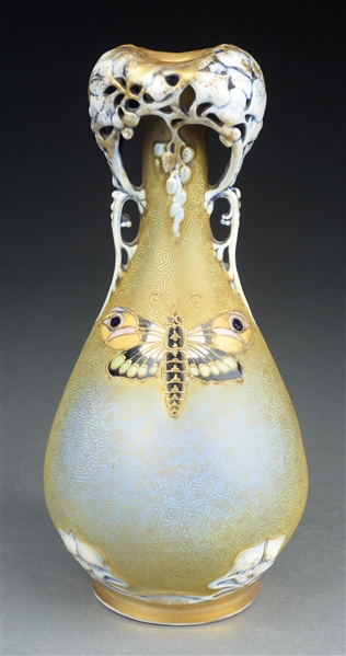 AMPHORA ENAMELED BUTTERFLY VASE WITH RETICULATED TOP. 
