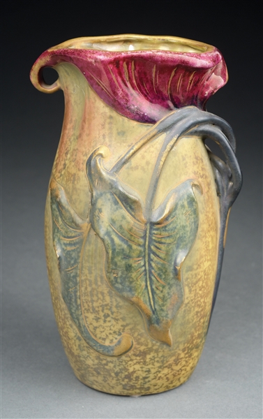 AMPHORA FLORAL VASE WITH RED PEPPER AND CARVED LEAVES.