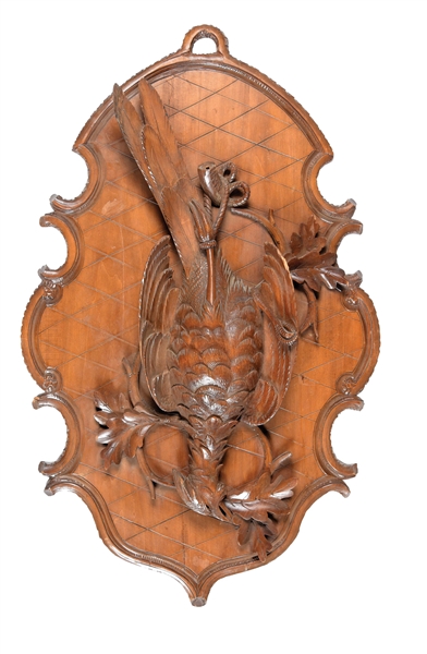 BLACK FOREST WOODEN CARVED GAME PLAQUE OF HANGING PHEASANT.
