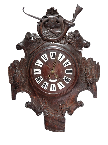 EXTENSIVELY CARVED 38" BLACK FOREST WALL CLOCK WITH HUNT THEME.