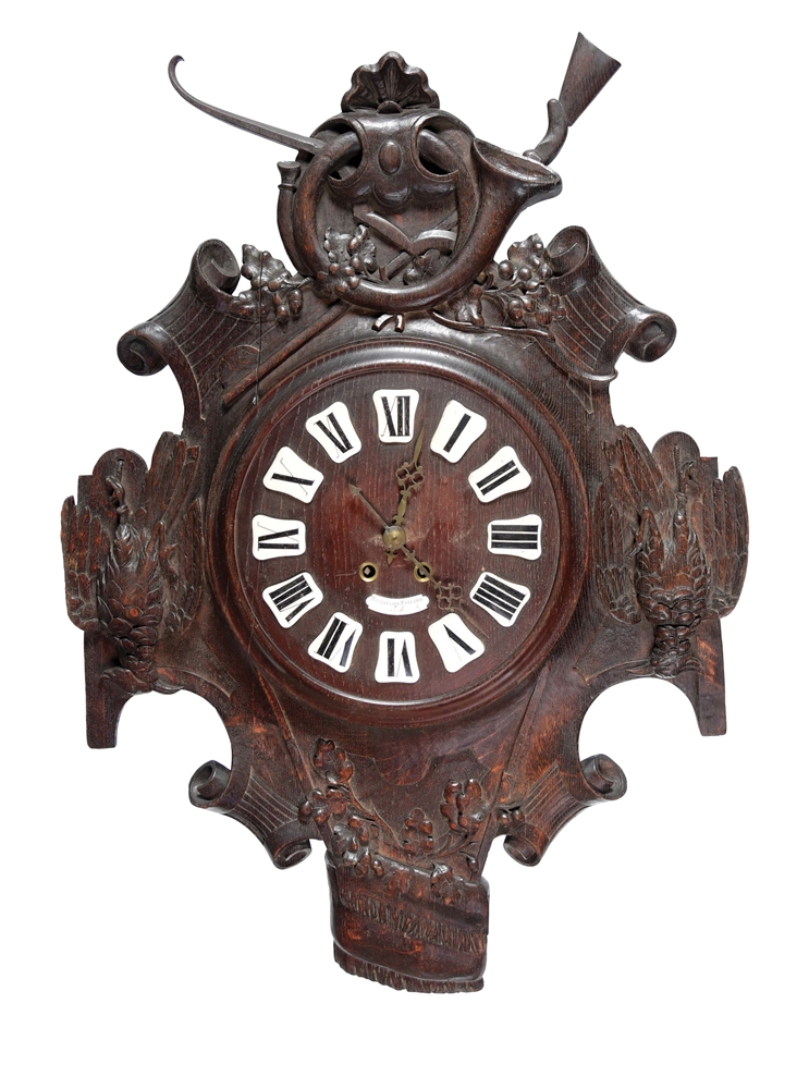 EXTENSIVELY CARVED 38" BLACK FOREST WALL CLOCK WITH HUNT THEME.