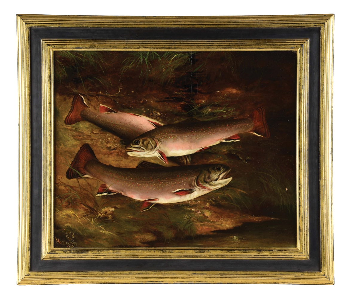 C.C. KIMBALL "CAUGHT" OIL ON PANEL TROUT PAINTING.
