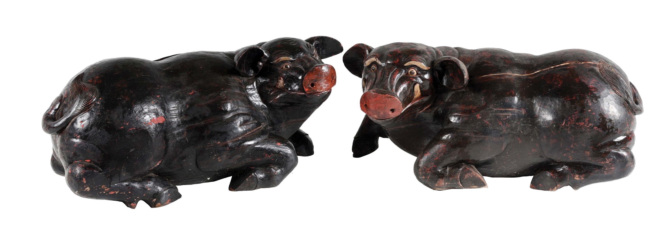 PAIR OF CARVED LIFE SIZE WOOD PIG STATUES WITH COMPARTMENTS. 