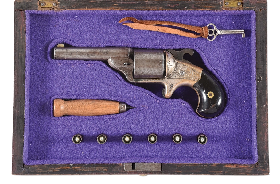 (A) MOORES PATENT FIREARMS CO. SINGLE ACTION REVOLVER IN WOODEN CASE.