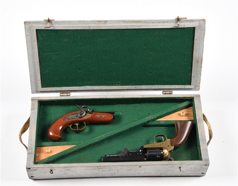 (A) LOT OF 2: ITALIAN MADE PERCUSSION DERRINGER AND NAVY REVOLVER IN CUSTOM CASE.