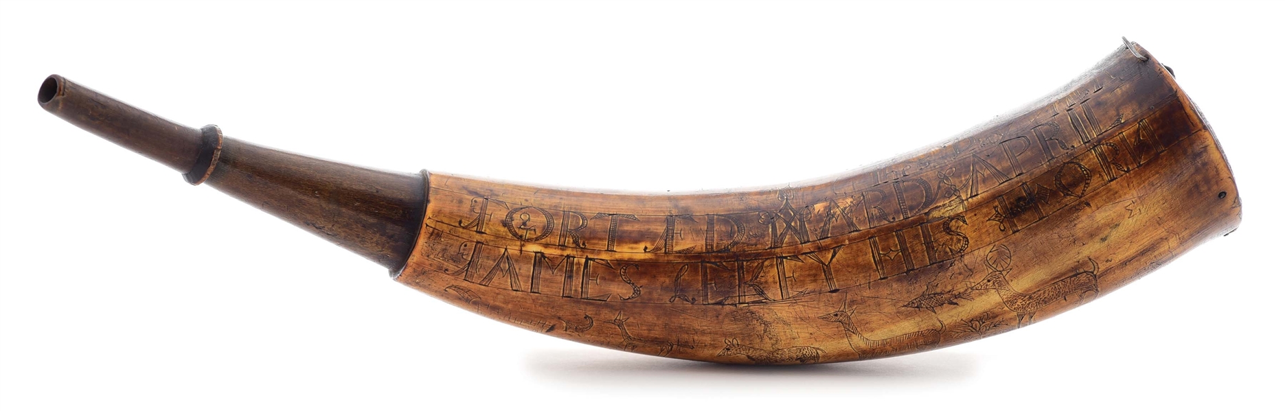 ENGRAVED FORT EDWARD POWDER HORN SIGNED BY ROGERS RANGERS SGT. WILLIAM AKIN, MADE FOR JAMES LEKEY, DATED 1757.