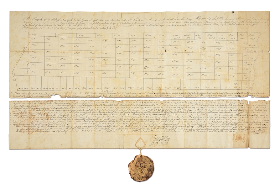 1789 NEW YORK LAND DEED SIGNED BY GOV. CLINTON WITH SEAL.