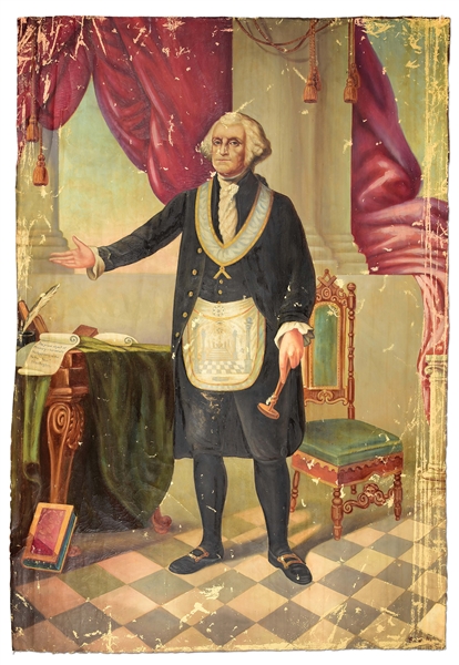 PAINTING OF GEORGE WASHINGTON AS A MASON, OIL ON CANVAS.
