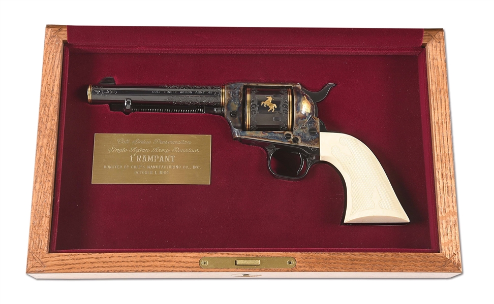 (M) BARRY LEE HANDS FACTORY MASTER ENGRAVED & GOLD INLAID SERIAL NUMBER "1 RAMPANT" THIRD GENERATION COLT SINGLE ACTION ARMY REVOLVER WITH FACTORY BOX & DISPLAY CASE.