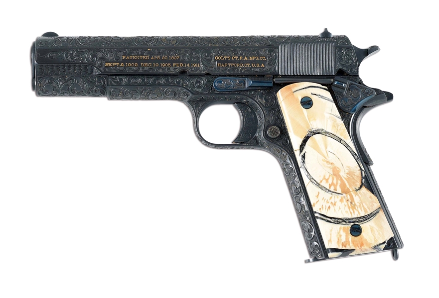(C) COMMERCIAL COLT 1911 SEMI-AUTOMATIC PISTOL ENGRAVED AND GOLD WIRE INLAID BY MASTER RICHARD ROY (MANUF. 1913).
