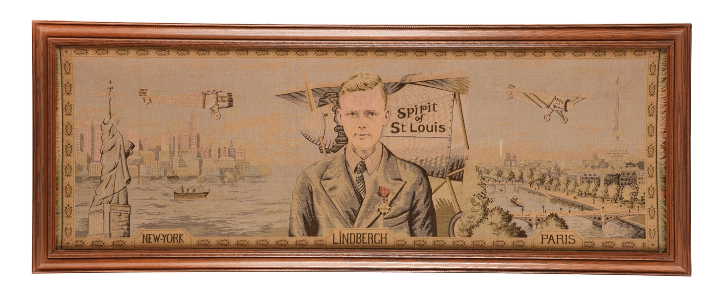 LINDBERGH SPIRIT OF ST LOUIS HISTORIC 1927 NY TO PARIS FRAMED TAPESTRY.