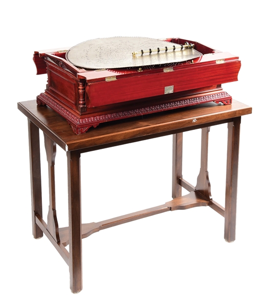 REGINA STYLE 6 FOLDING TOP 27" DISC TABLE MODEL MUSIC BOX WITH STAND.