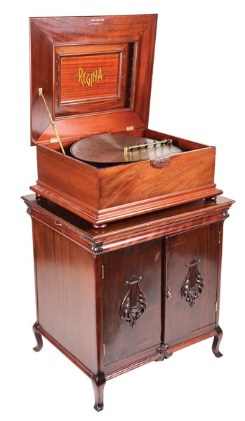 REGINA 20 - 3/4" DISC TABLE TOP MUSIC BOX WITH MATCHING CABINET.