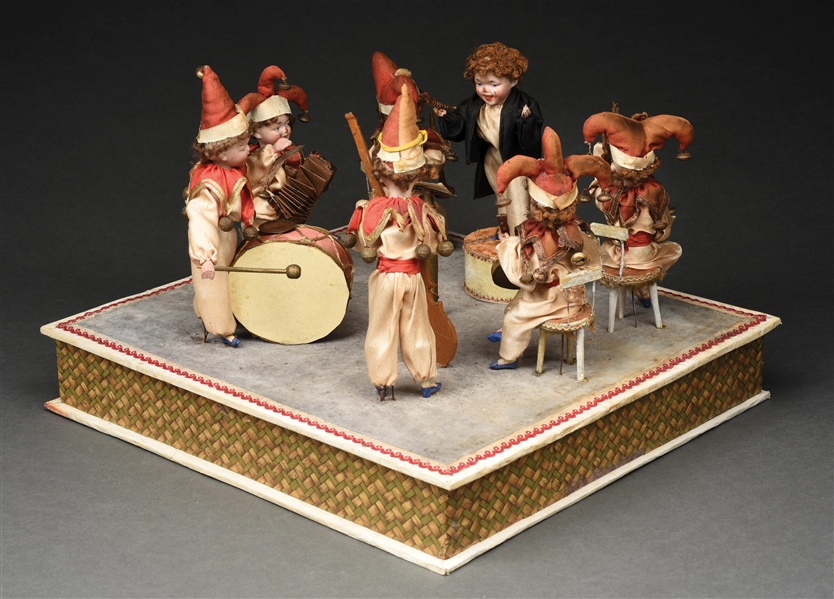 FRENCH MANIVELLE 1880S 6 BAND MEMBERS PLUS CONDUCTOR AUTOMATA IN LUCITE CASE.
