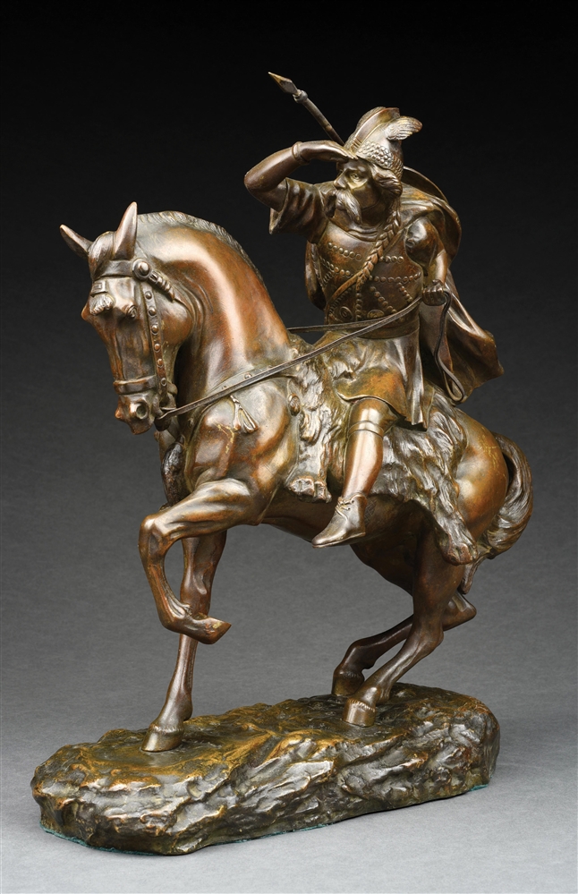 THOMAS CARTIER (FRENCH, 1879 - 1943) "VIKING CAVALRY" BRONZE SCULPTURE, SIGNED.
